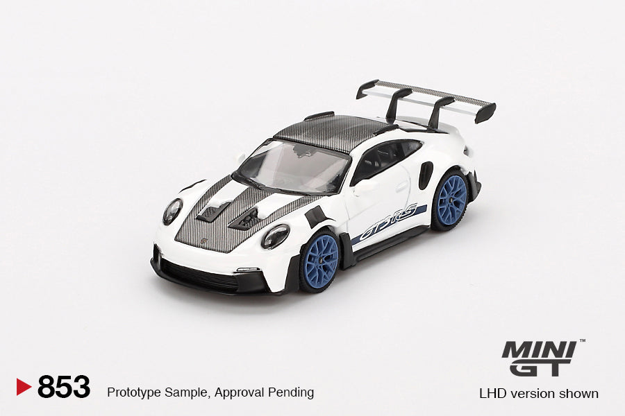 TSM Mini GT 1:64 Porsche 911 (992) GT3 RS Weissach Package White with Indigo Blue RHD