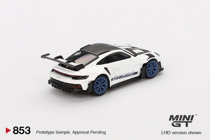 TSM Mini GT 1:64 Porsche 911 (992) GT3 RS Weissach Package White with Indigo Blue RHD