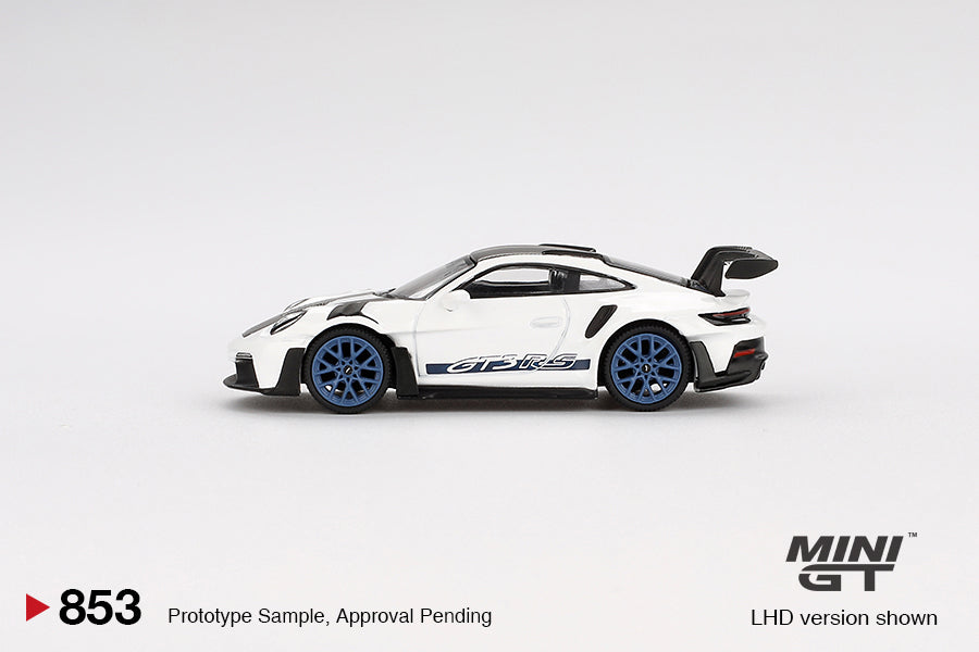 TSM Mini GT 1:64 Porsche 911 (992) GT3 RS Weissach Package White with Indigo Blue RHD