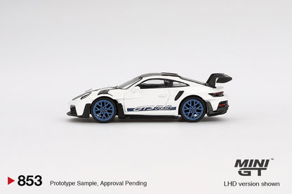 TSM Mini GT 1:64 Porsche 911 (992) GT3 RS Weissach Package White with Indigo Blue RHD