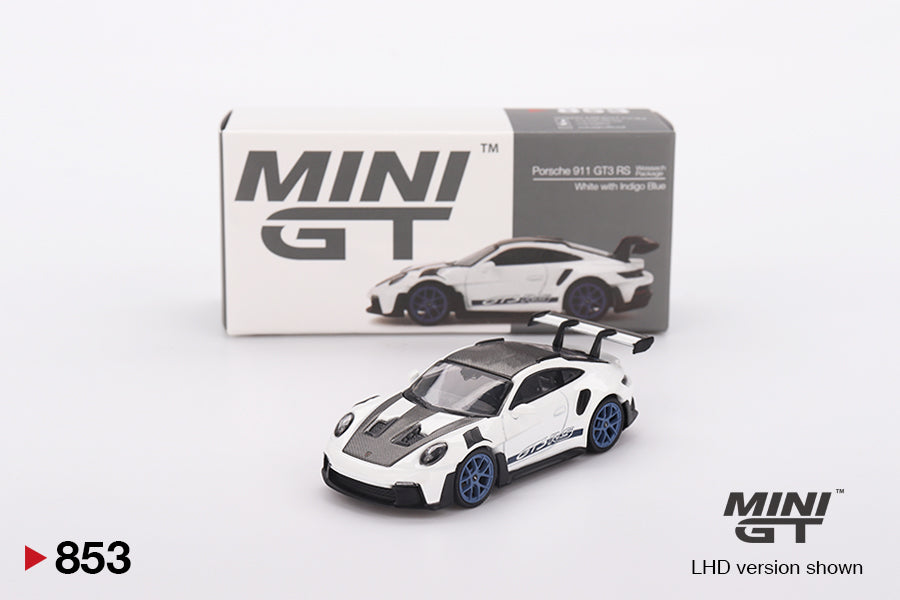 TSM Mini GT 1:64 Porsche 911 (992) GT3 RS Weissach Package White with Indigo Blue RHD
