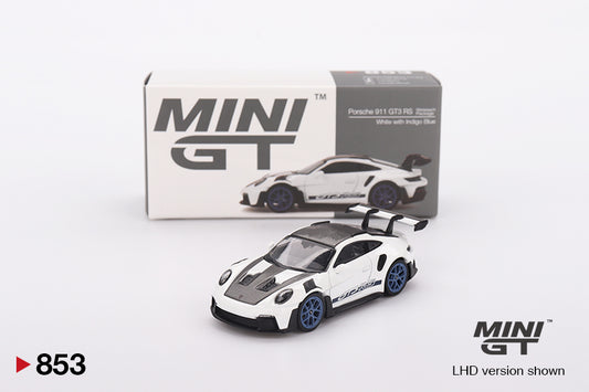 TSM Mini GT 1:64 Porsche 911 (992) GT3 RS Weissach Package White with Indigo Blue RHD